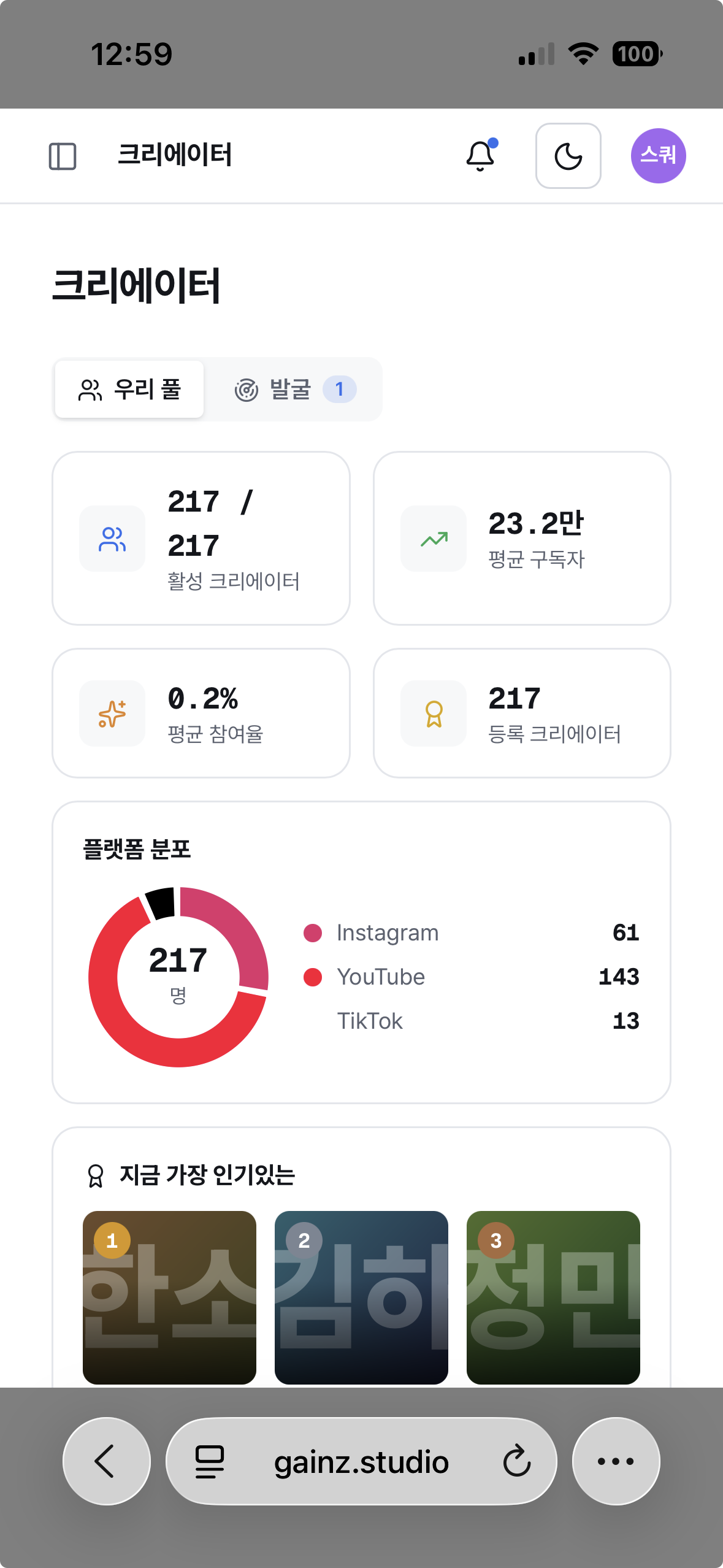 크리에이터 우리 풀 현황